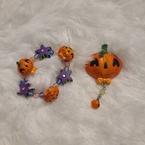 Vintage Russ Lapel Pin Brooch Halloween Pumpkin Bracelet Matching Set